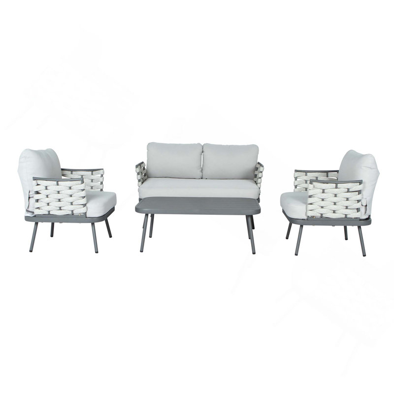 Ensemble de conversation d'extérieur 4 pièces avec causeuse, chaises, table, conception ergonomique, structure en acier antirouille, coussins épais hydrofuges, assemblage facile