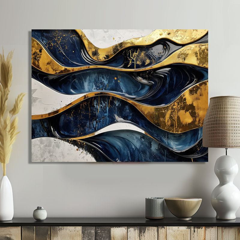 «Hard Edge», bleu et or, jeu optique en spirale I - peinture à bord rigide, art mural en métal, H 12 po x l 20 po