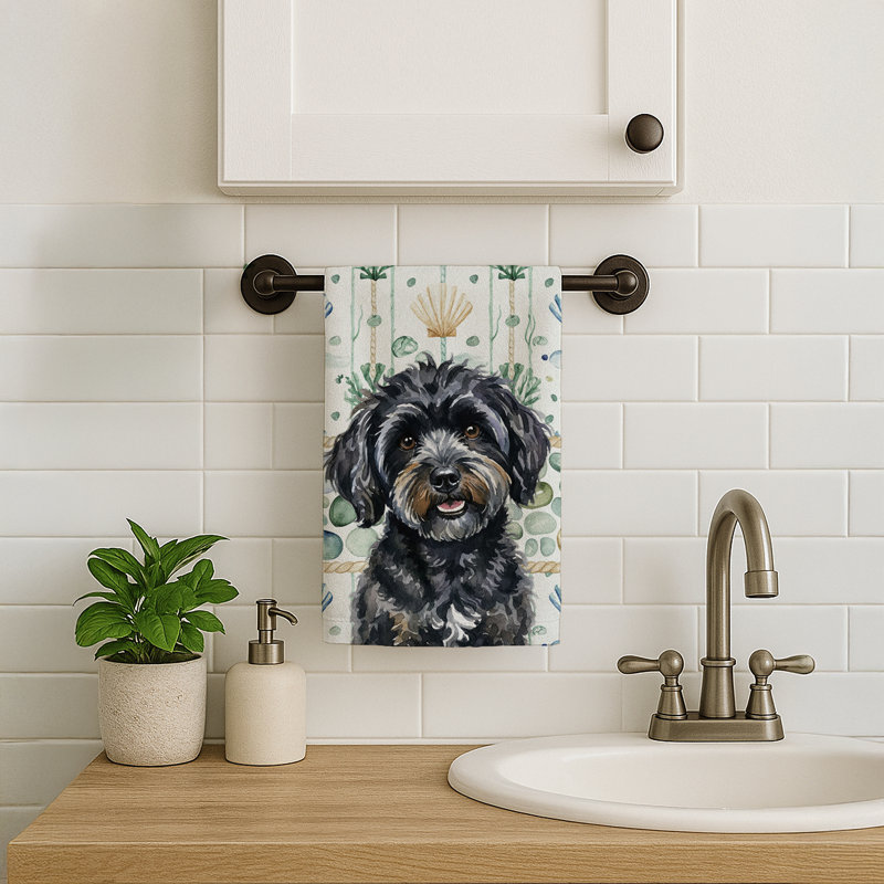 Black Havanese Coastal Sea Glass Kitchen Towel, Black Havanese