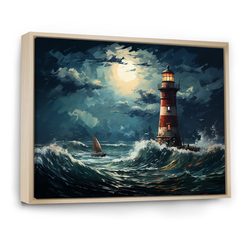 Phare de la mer orageuse 1 - art mural phares, H 30 po x l 40 po x P 1,5 po, Cadre flottant brun
