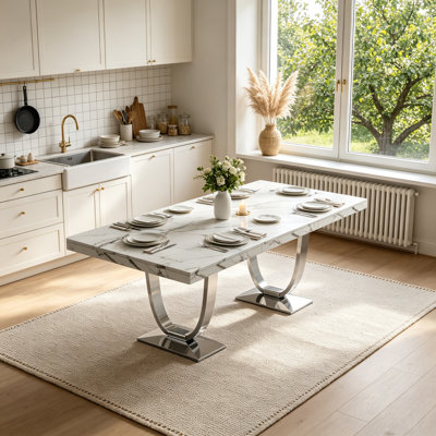 Table de salle à manger rectangulaire moderne et luxueuse de 70 pouces avec plateau imprimé marbre blanc et pied central en acier inoxydable pour la cuisine