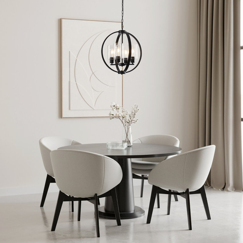 4 - Light Dimmable Globe Lantern  Farmhouse / Country Glass Shaded Chandelier, Matte Black