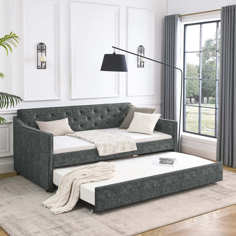 Lit de jour simple avec canapé-lit capitonné de taille simple avec accoudoirs ondulés (80,5 po x 44,5 po x 33,5 po), Gris