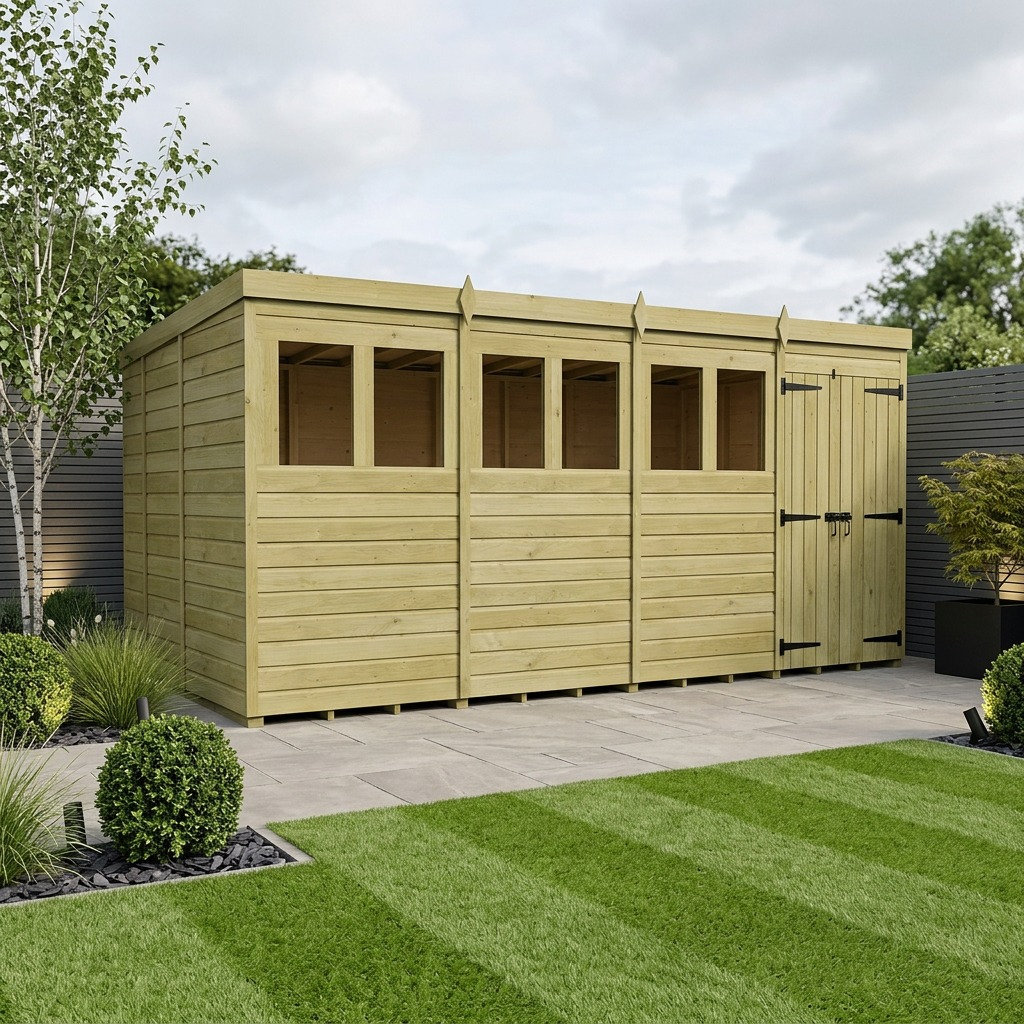 Total Sheds 16ft x 9ft Pent Garden Shed - Double Door - With Windows - Pressure Treated Timber - UK Manufactured
