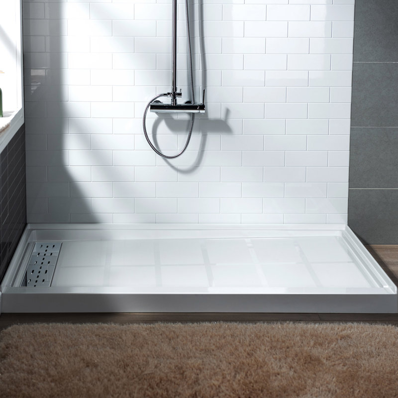 48" W x 32" D Solid Surface Single Threshold Shower Pan Base with Drain Assembly & Drain Cover Included, Non-Slip, Center