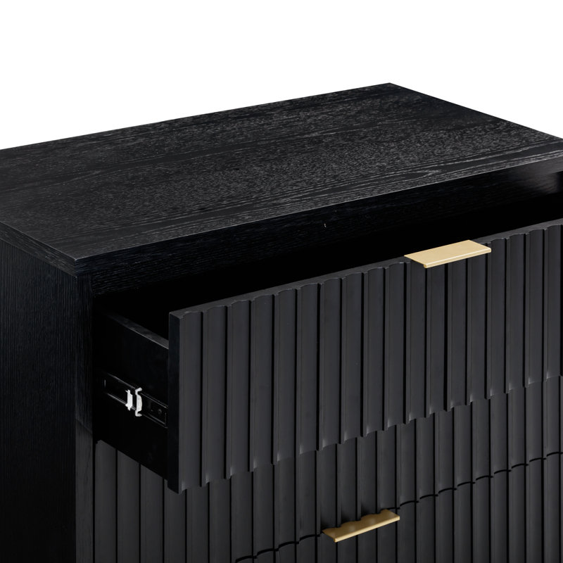 Commode Martinsen à 3 tiroirs avec cadre en bois massif et détails cannelés (ensemble de 2 pièces), Noir, noir, noir, noir