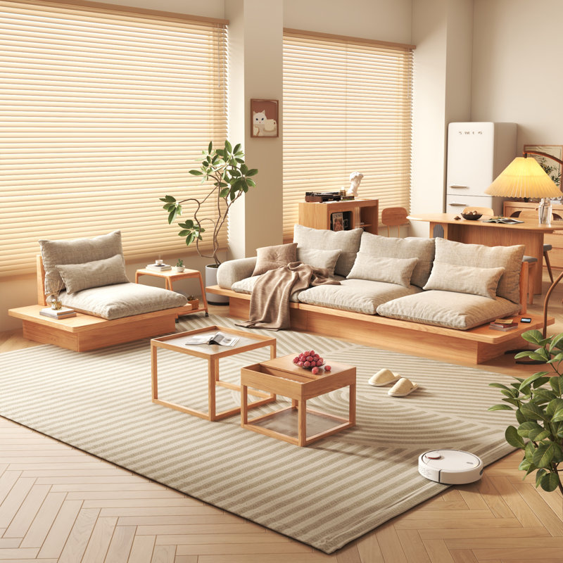 Grimpante 88.6'' Beige Storage Modular Cotton Linen Fabric Sofa,MDF Frame,with Pillows