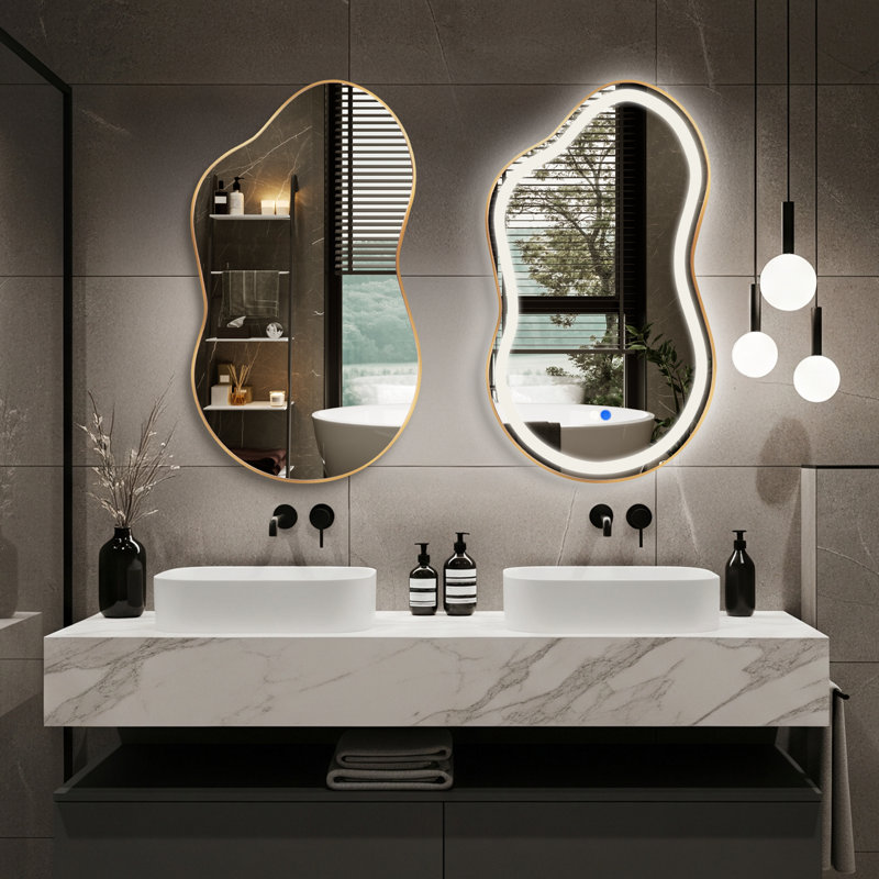 Cloud Shaped Wall Mirror Set, Led Mirror And Accent Mirror, Gold, 46" x 26"