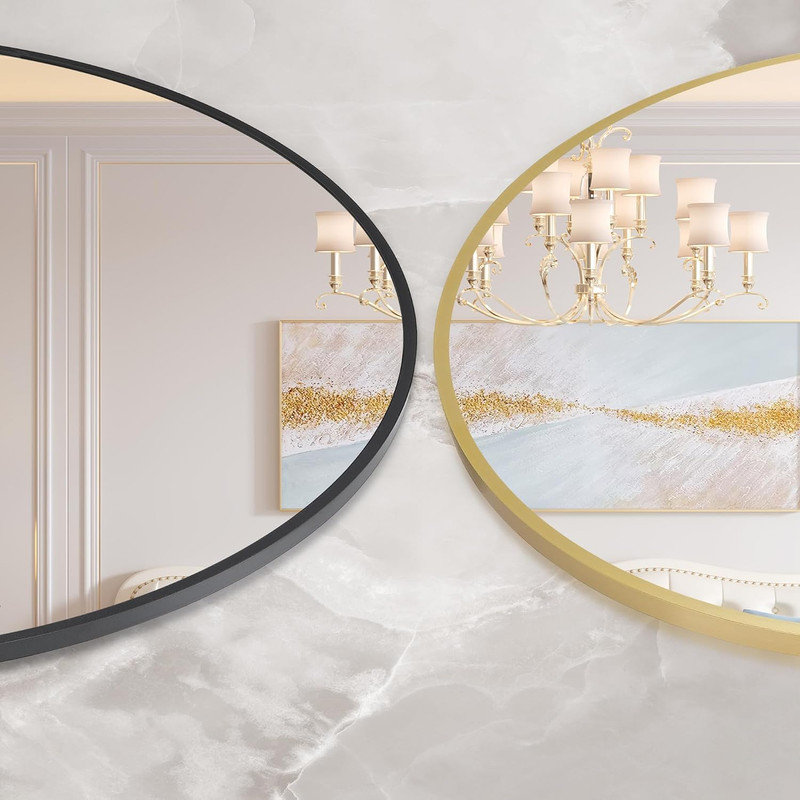 Miroir à cadre en métal pour mur, salle de bain ronde / rectangulaire et miroir d'entrée, installation facile, Doré