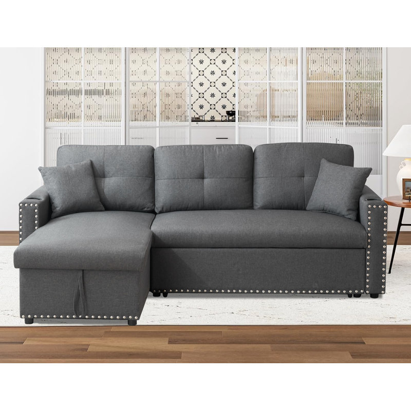 Upholstered 82.95 " Linen and Polyester L-Shaped Sofa Bed, Gray