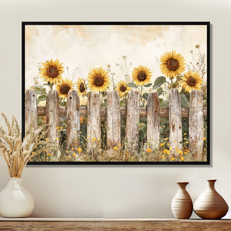 Dorathea tournesols le long de la clôture de la ferme II - tournesols, art mural, Noir, noir, noir, noir, H 24 po x l 32 po