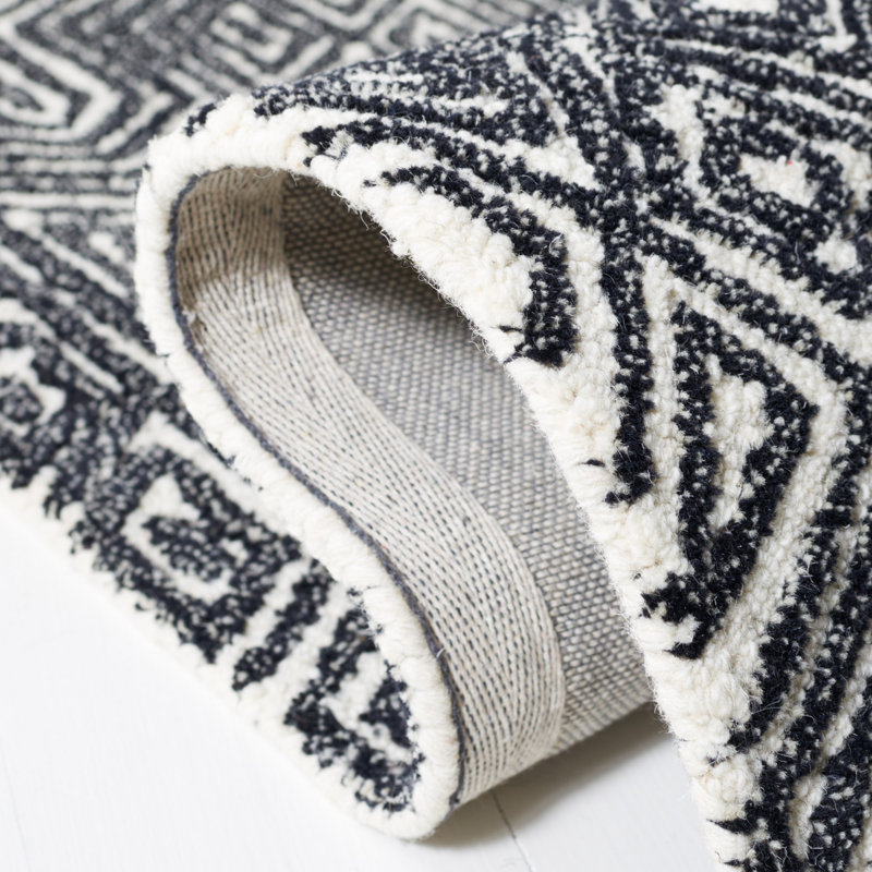 Tapis ivoire / noir en laine / coton touffeté à la main Angeli, Rond 5 pi