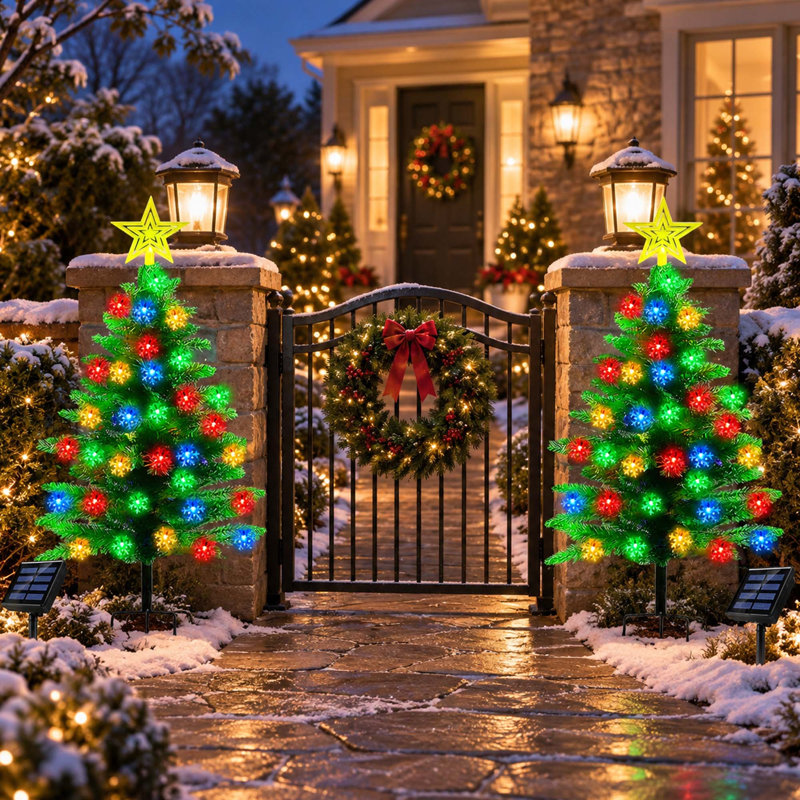 Lot de 2 sapins de Noël solaires de 1,10 m avec guirlandes lumineuses en forme de flocons de neige