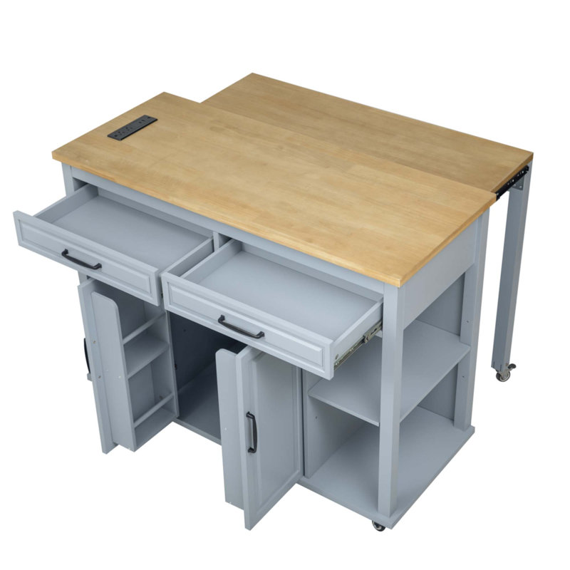 47 Inch Kitchen Island With Extendable Dining Table, Rubber Wood Veneer Kitchen Table With Internal Storage Rack