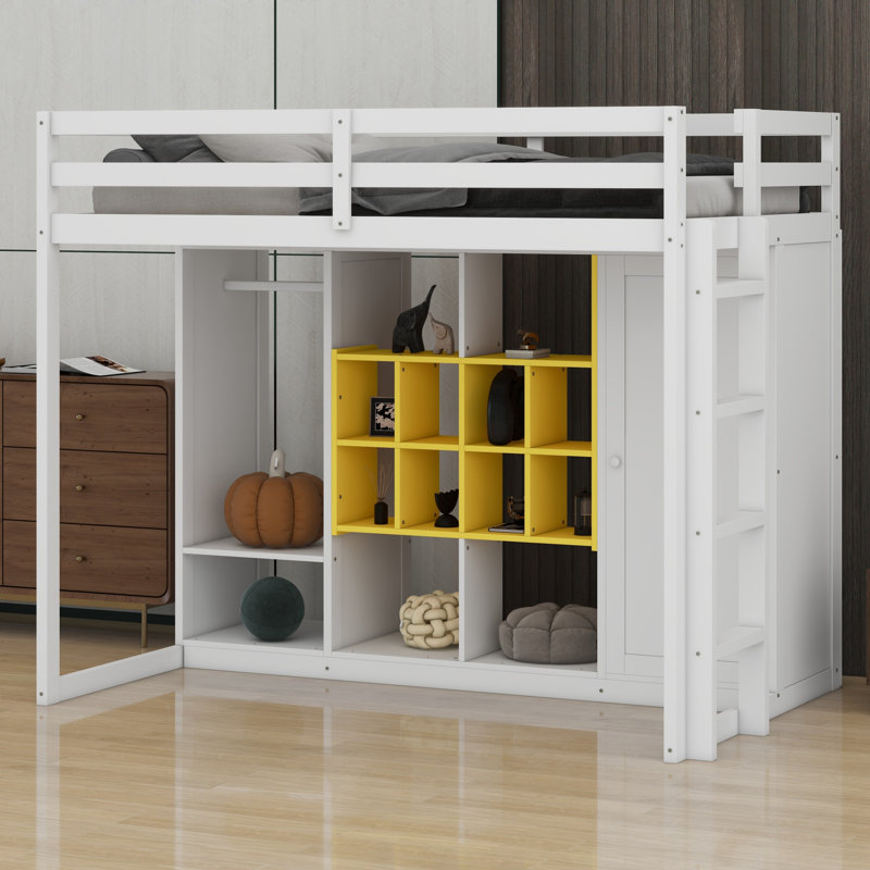 Lit mezzanine en bois avec garde-robe, tablettes et armoire, Lit simple, Blanc / jaune