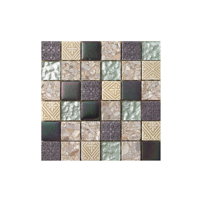 Hand Colored Mosaic 2" x 2" Grid Mosaic Tile, Beige/Brown/Green
