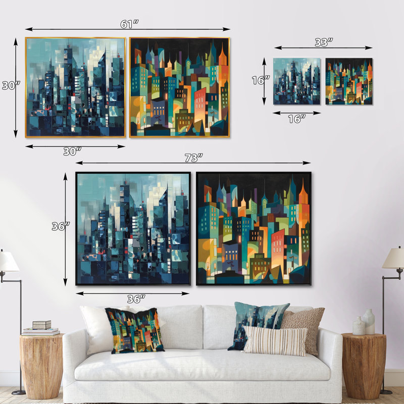 Bleu et vert Cityscape Essence - ensemble de 2 collages carrés, H 30 po x l 61 po, Toile tendue