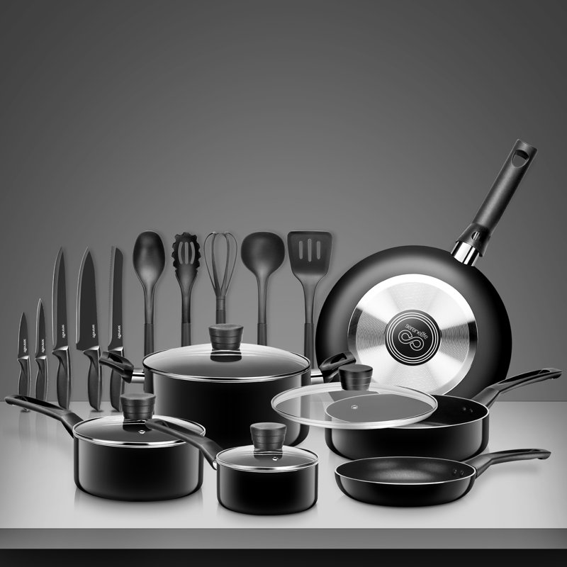 SereneLife 6 pte Ensemble de casseroles antiadhésives en aluminium avec couvercle, Noir