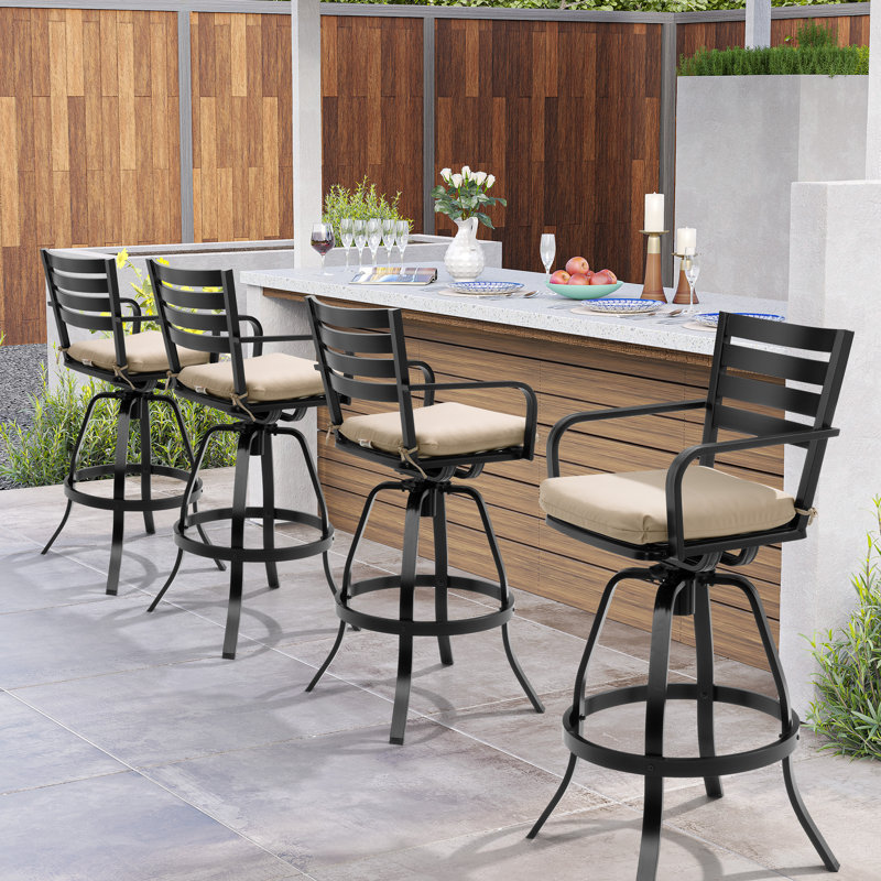 29'' Swivel Aluminum Outdoor Bar Stool with Removable Sunbrella Cushion (Set of 4), Beige