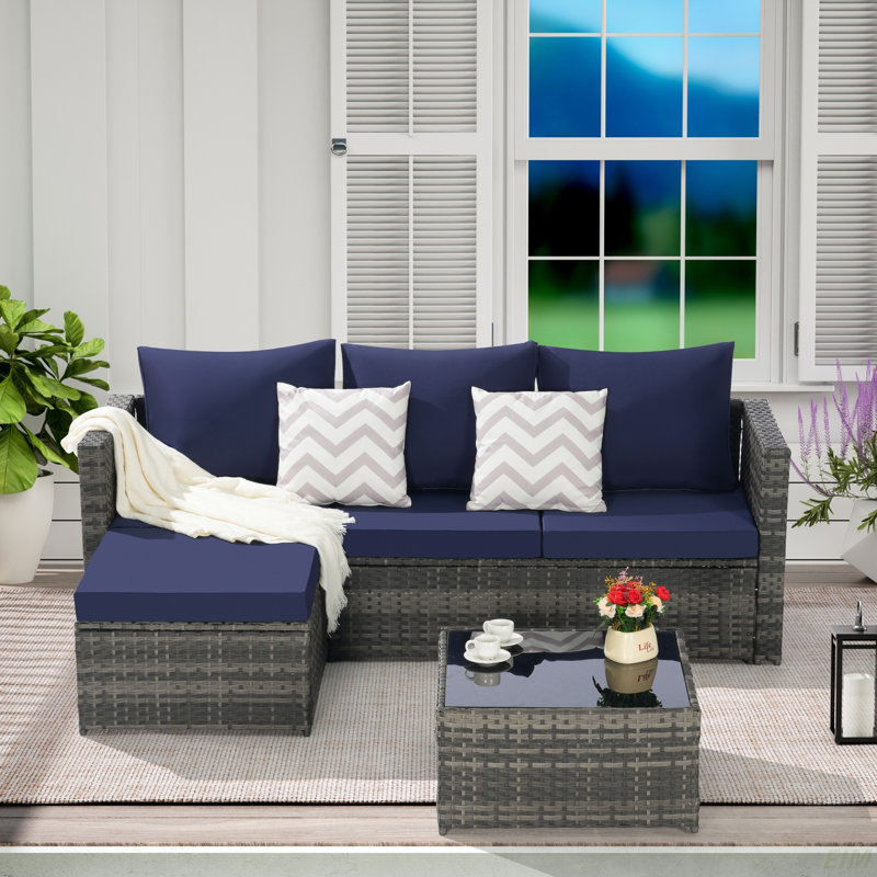 2 Pieces Patio Furniture Set,Outdoor Woven Sectional L- Shaped Patio Furniture ,Wicker Conversation Set With Ottoman, Detachable Lounger Table(Patio Sofa)