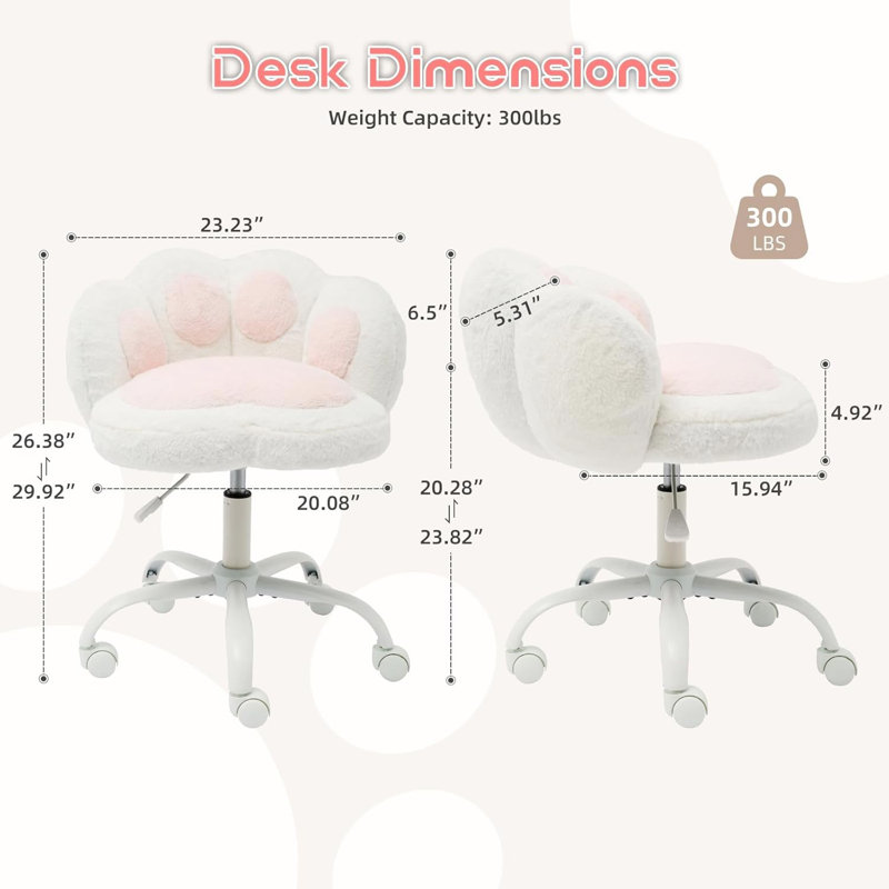 Cat Paw Office Chair with Wheels, 360° Rotating Adjustable Height Armless Chair, Plush Cushion Desk Chair for Bedroom Makeup Room Home Office