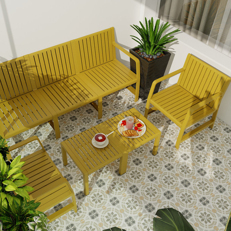 Ensemble de patio 5 pièces comprenant un canapé 3 places, 2 chaises, des tables basses, jaune, léger, montage rapide et facile, gain de place grâce à son système d'emboîtement, sièges respirants, mobilier de conversation intérieur/extérieur : polypropylène.