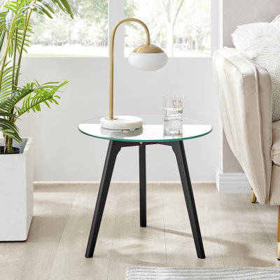 Lakshmi Sala Scandinavian Style Glass and Wooden Leg Round Side Table - Living Room Small Table