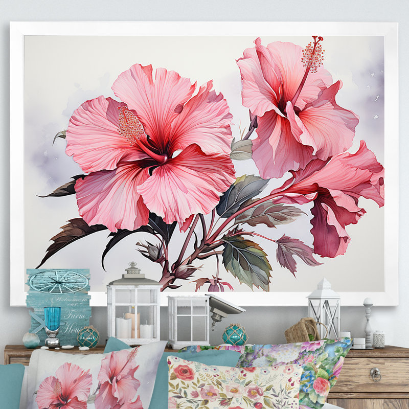 Hibiscus rose, Cadre simple blanc, H 16 po x l 32 po x P 1 po