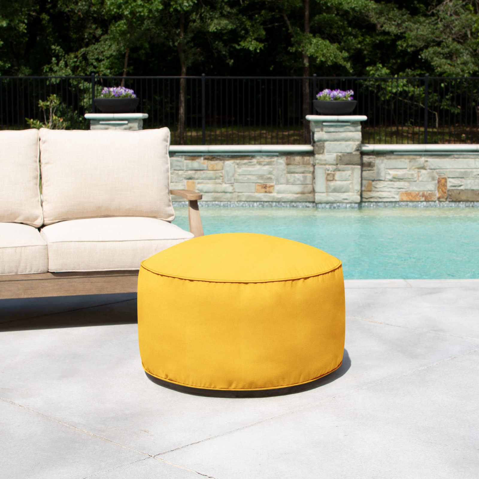 Demi Round Upholstered Outdoor Ottoman with Sunbrella® Cushion, Yellow