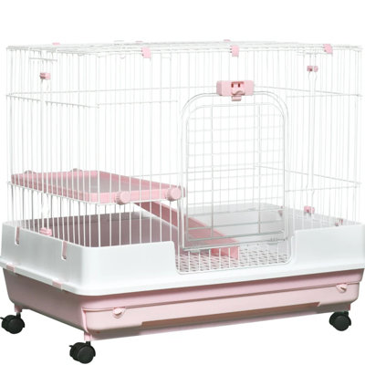 Petite cage rose pour animaux avec roulettes universelles, convient aux cobayes, au lapin, au plateau amovible, à la plateforme confortable, aux roulettes faciles à déplacer, aux animaux, à la cage, aux grands chinchillas, au métal, au dessus et à l'avant