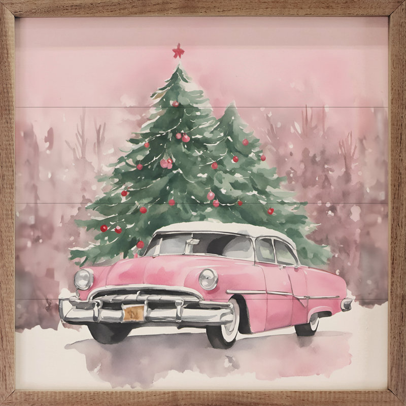 Voiture rose avec des arbres de Noël, H 8 po x l 8 po x P 1 po