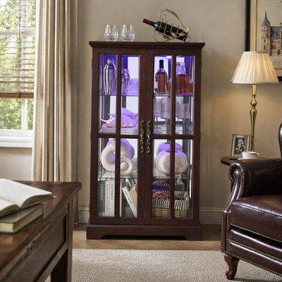 Dark Cheery Double Lattice Door Glass Tall Cabinet, 3 Adjustable Shelves Large Capacity Display Storage Cabinet for Kitchen Living Room Bedroom Office