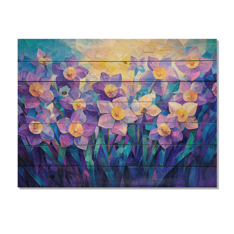 Lavande harmonie de jonquilles en été II - Décoration murale traditionnelle en bois sur bois de pin naturel
