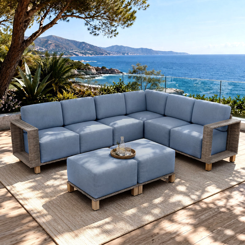 Canapé d'angle extérieur en résine tressée 8 pièces avec coussins de 20 cm et design modulaire, Bleu