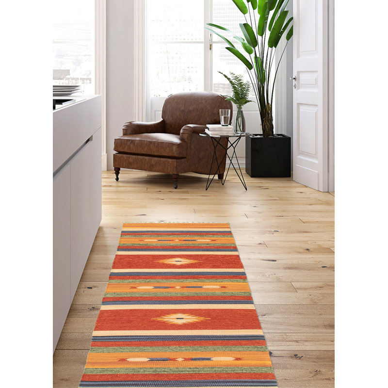 Tapis de couloir orange / jaune / bleu en laine tissé à plat à la main style sud-ouest Mckittrick