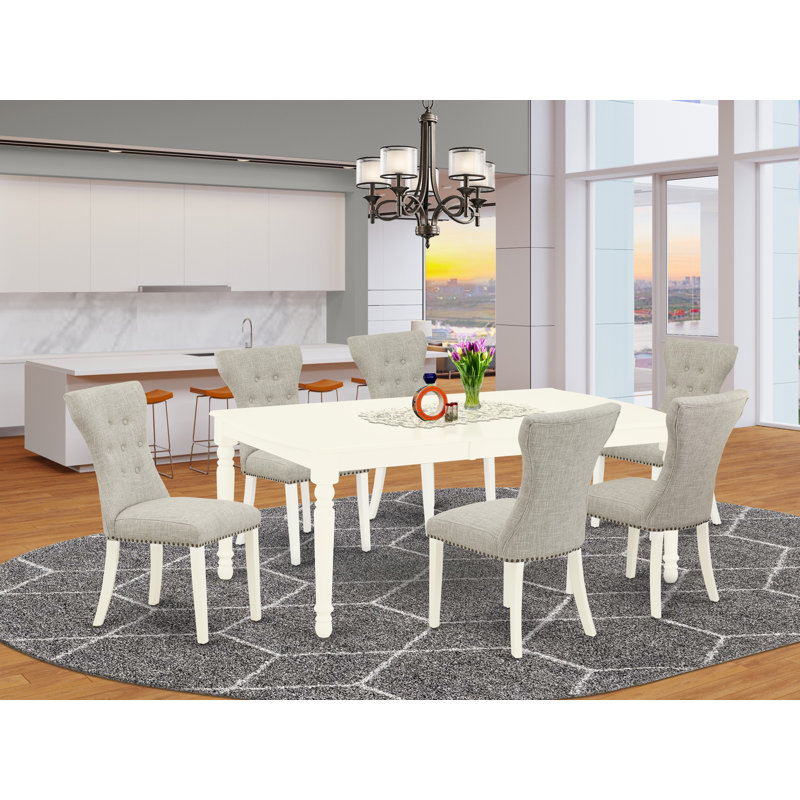 7 Piece Dining Set Consist of a Rectangle Dining Room Table with Butterfly Leaf and 6 Doeskin Linen Fabric Upholstered Chairs, Linen White