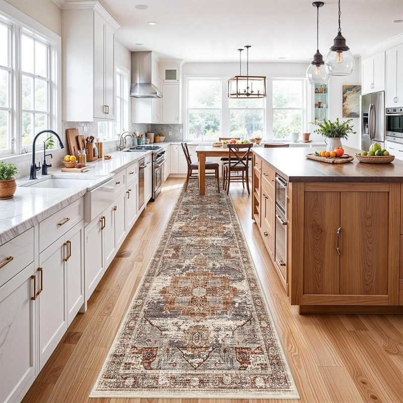 Washable Rugs - Large Boho Rugs for Living Room Stain Resistant Carpet Vintage Tribal Rugs for Bedroom Kitchen Bathroom Non Slip Backing Home Decor Floor Decoration Mat Brick