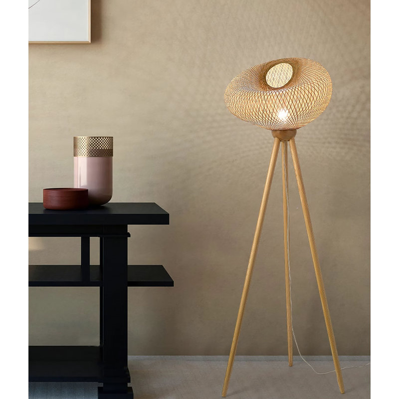 Japanese-style bamboo-woven solid wood floor lamp