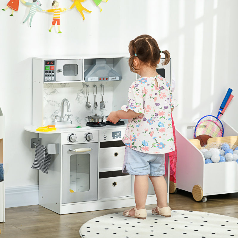 Ensemble de cuisine pour enfants Qaba, ensemble de cuisine pour enfants avec lumières, sons, tablier et toque, machine à glaçons, four à micro-ondes, porte-serviettes, ustensiles, hotte, amusant avec des amis, pour les enfants de 3 à 6 ans, blanc