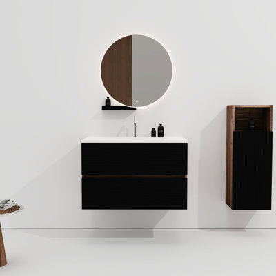 Meuble-lavabo moderne flottant noir et noyer de 30 po, lavabo intégré en céramique, trop-plein, Kd, style, glissières silencieuses, rayures horizontales, poignée, meuble-lavabo de salle de bain de catégorie E1 et noyer, grand rangement, mélange,