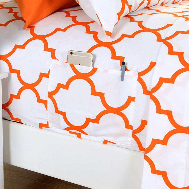 1500 Thread Count Luxury Soft Geometric Sheet Set, Orange, King Sheet Set + Fitted Sheet + 4 Pillowcases