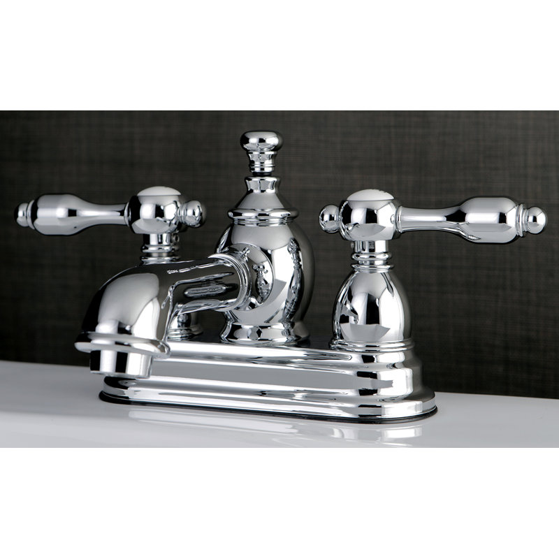 Kingston Brass Tudor Two-Handle 3-Hole Deck Mount 4" Centerset Bathroom Faucet with Brass Pop-Up, Chrome