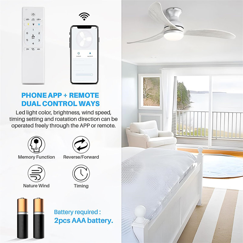 52 Inch Modern Ceiling Fan With 3 Color Dimmable , Solid Wood  Blades , Remote Control , Reversible DC Motor For Bedroom