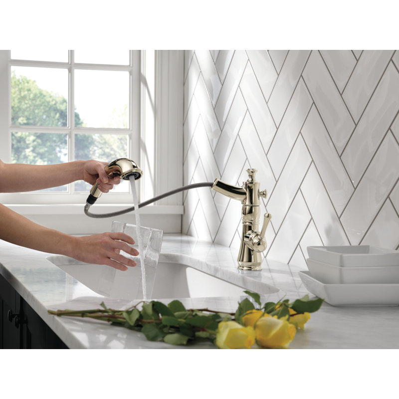Delta Cassidy Pull Out Kitchen Faucet, Polished Nickel Kitchen Sink Faucet, Kitchen Faucet with Pull Out Sprayer, Magnetic Docking Spray Head, Polished Nickel