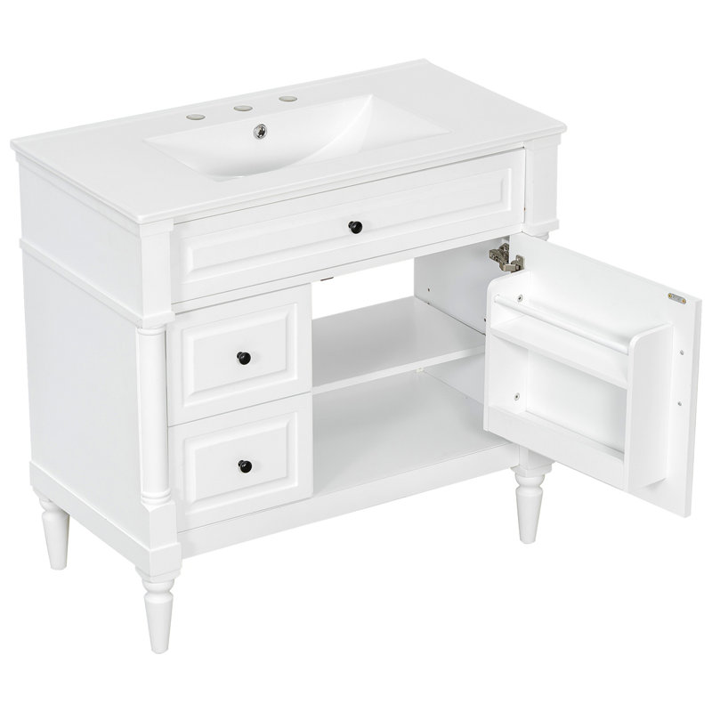 Meuble-lavabo de 36 po avec lavabo, armoire de salle de bain autoportante avec lavabo en céramique, tiroir rabattable, tablette réglable, structure en bois d'hévéa et panneaux de fibres à densité moyenne, finition peinte à poignées en métal