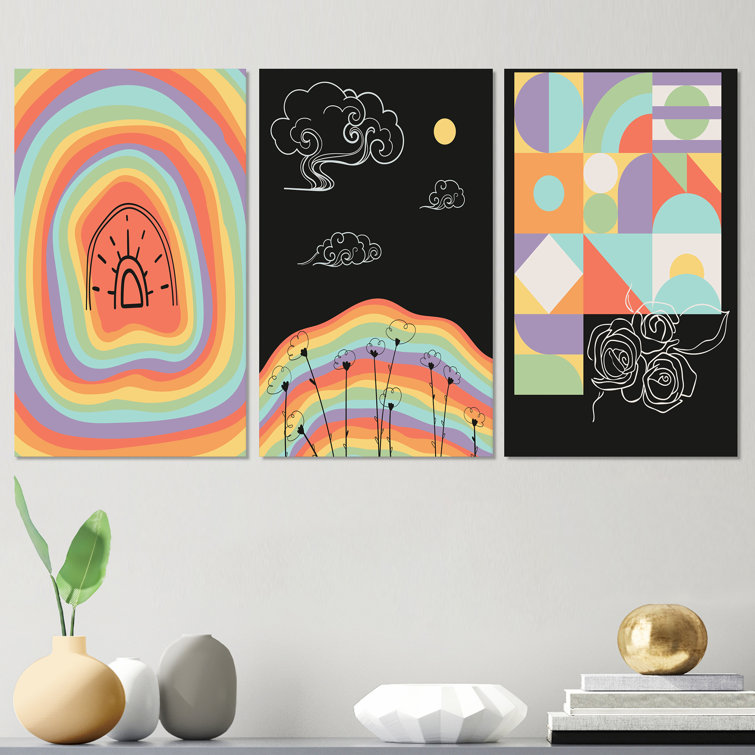 Retro Geometrical Rainbow Shapes I - Bohemian & Eclectic Art Set of 3 Pieces Corrigan Studio Size: 20 H x 36 W