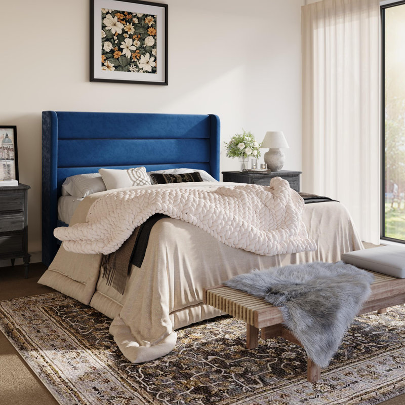 Modern Velvet Upholstered Platform Bed With Wooden Slats Wingback Headboard Included, Blue, Queen