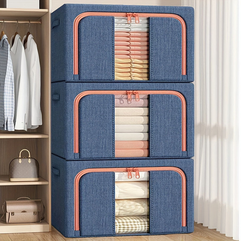 Steel Frame Storage Box, Cloth Storage Box for Quilt Storage Box Folding Wardrobe Fabric Extra Large Storage Bag with Clear Window, Sturdy Zippers(Set of 3)