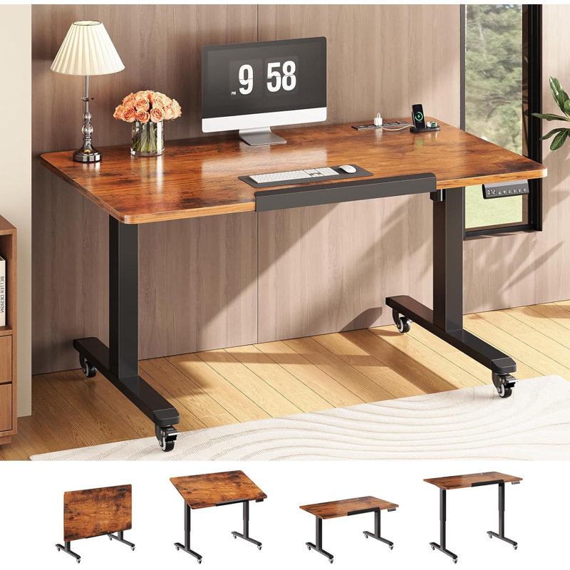 47" Foldable Electric Standing Gaming Desk, Long Computer Desk With Power Strip , Brown/Black