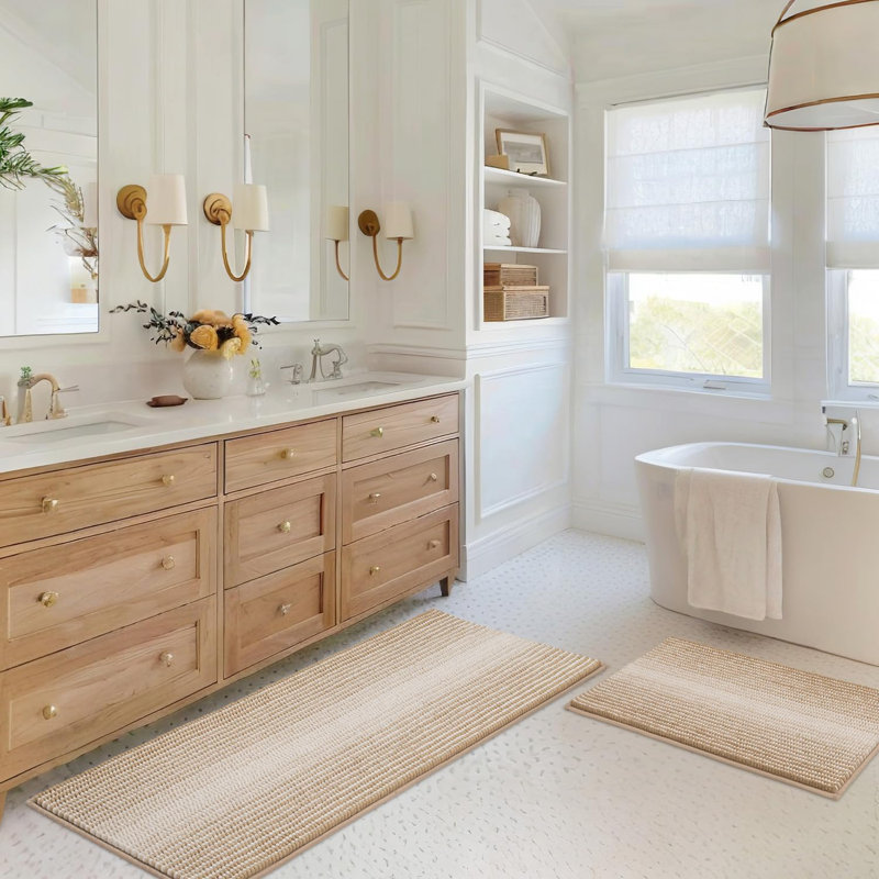 2 Piece  Bathroom Rugs And Mats Sets, Thick Absorbent Chenille, Beige, Set of 2 - 47" L x 20" W